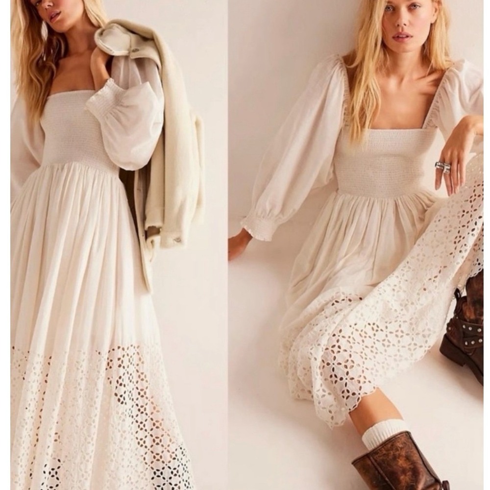Free People Perfect Storm Maxi Dress Ivory Smocked Eyelet XS Dainty Boho Cottage